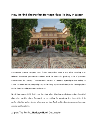 How To Find The Perfect Heritage Place To Stay In Jaipur