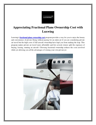 Appreciating Fractional Plane Ownership Cost with Luxwing