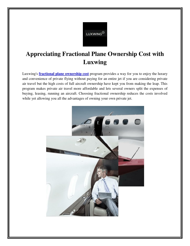 appreciating fractional plane ownership cost with