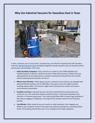 Why Use Industrial Vacuums for Hazardous Dust in Texas
