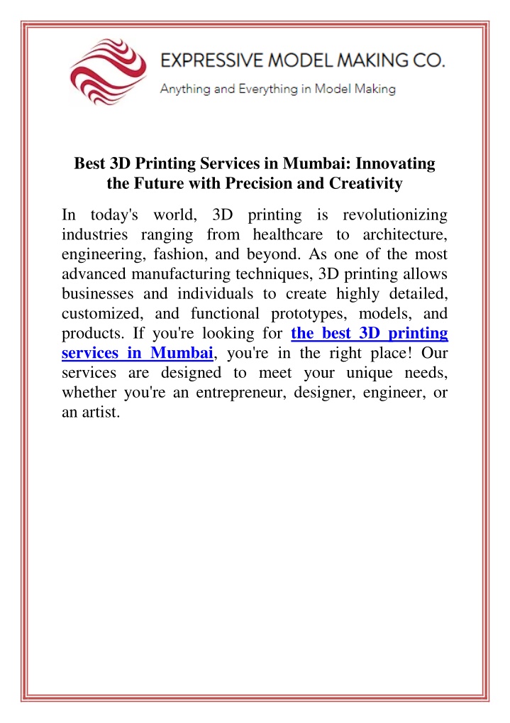 best 3d printing services in mumbai innovating