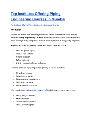 Top Institutes Offering Piping Engineering Courses in Mumbai