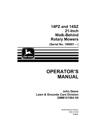 John Deere 14PZ and 14SZ 21-Inch Walk-Behind Rotary Mowers Operator’s Manual Instant Download (pin.100001-) (Publication