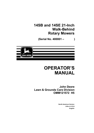 John Deere 14SB and 14SE 21-Inch Walk-Behind Rotary Mowers Operator’s Manual Instant Download (pin.400001-) (Publication