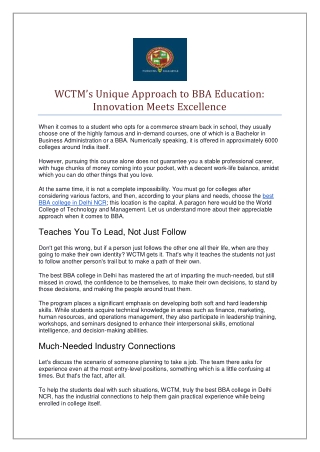 WCTM’s Unique Approach to BBA Education Innovation Meets Excellence