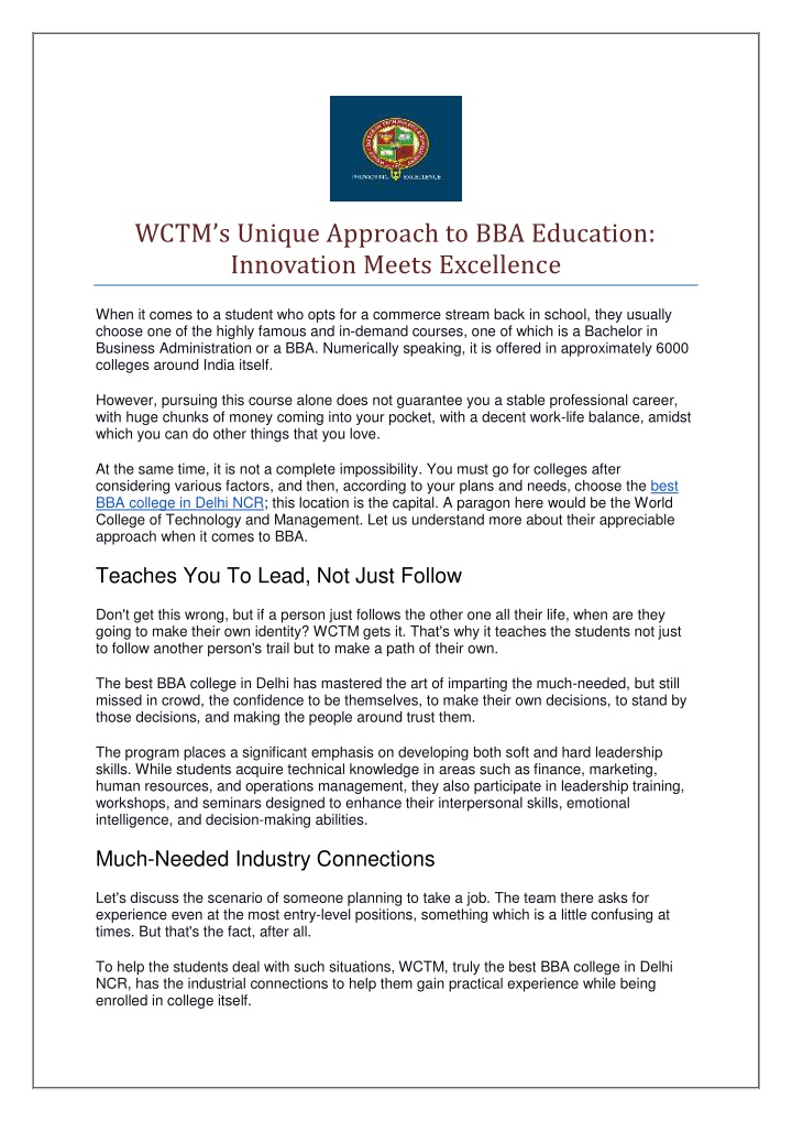 wctm s unique approach to bba education