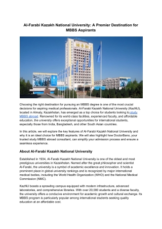 Al-Farabi Kazakh National University: A Premier Destination for MBBS Aspirants