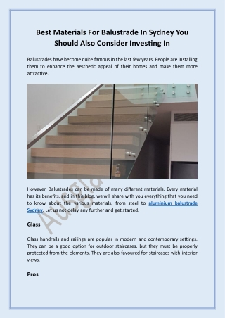 Best Materials For Balustrade In Sydney You Should Also Consider Investing In