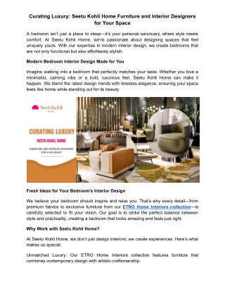 Curating Luxury: Seetu Kohli Home Furniture and Interior Designers for Your Spac