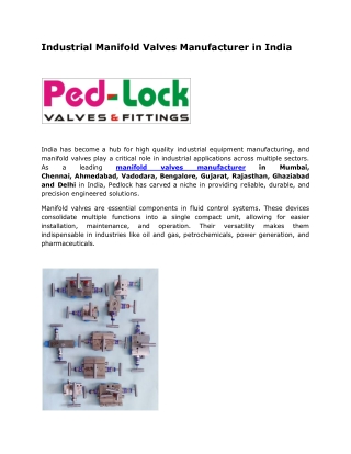 Industrial Manifold Valves Manufacturer in India