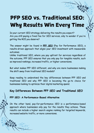 PFP SEO vs. Traditional SEO Why Results Win Every Time