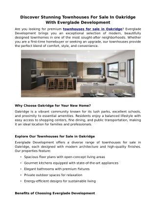 Discover Stunning Townhouses For Sale In Oakridge With Everglade Development