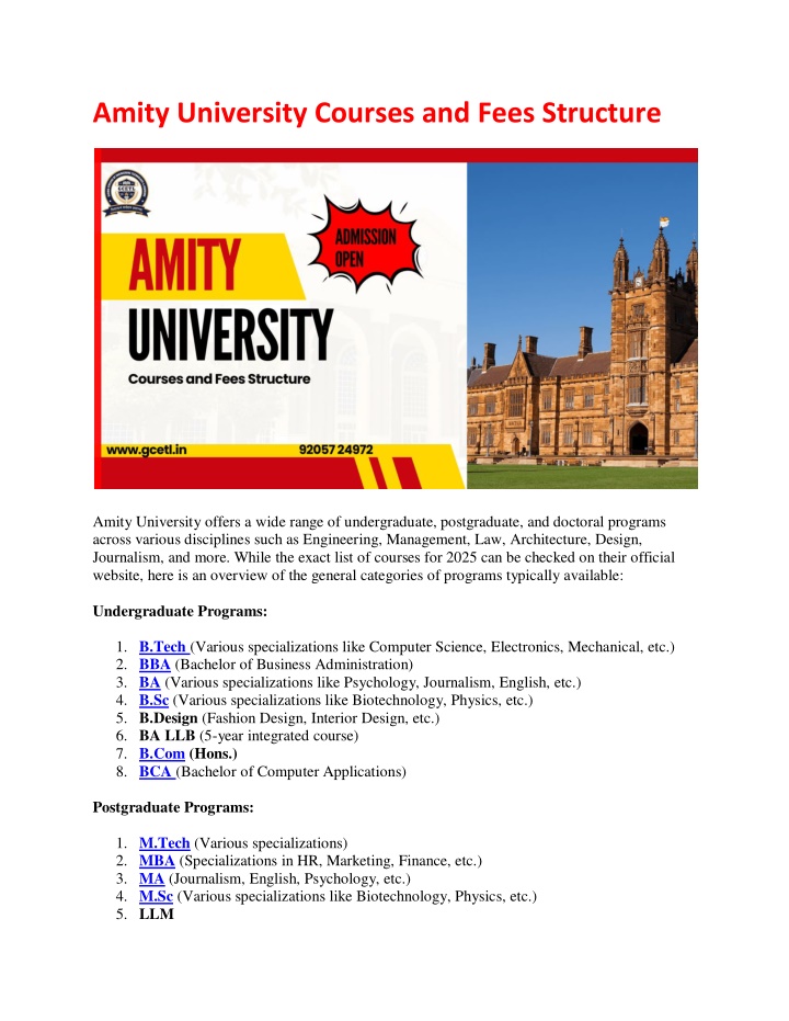 amity university courses and fees structure