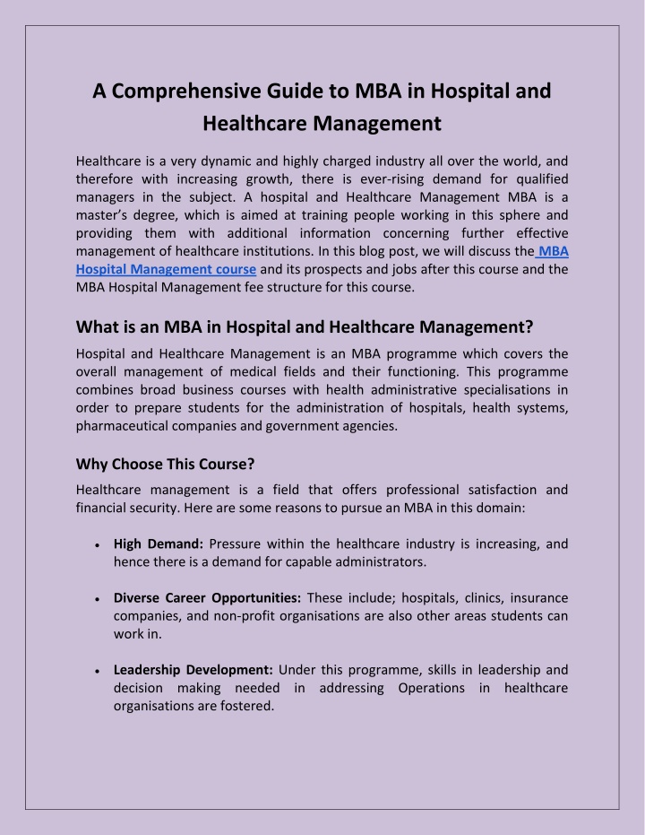 a comprehensive guide to mba in hospital