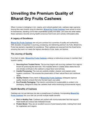 Unveiling the Premium Quality of Bharat Dry Fruits Cashews