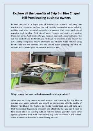 Explore all the benefits of Skip Bin Hire Chapel Hill from leading business owne