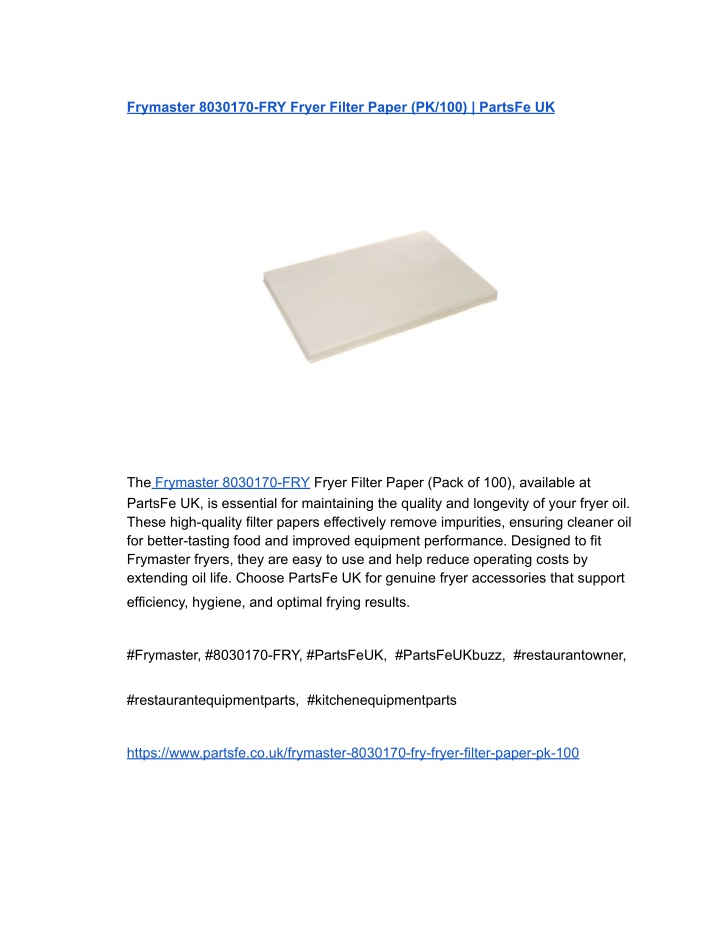 frymaster 8030170 fry fryer filter paper