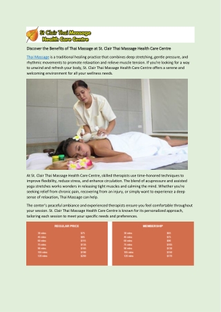 Discover the Benefits of Thai Massage at St. Clair Thai Massage Health Care Cent