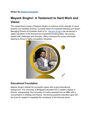 Mayank Singhvi- An Investment Banking Visionary Leader