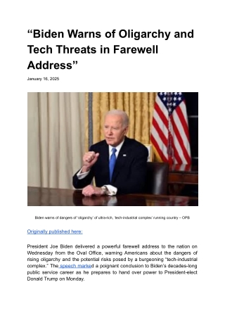 “Biden Warns of Oligarchy and Tech Threats in Farewell Address”