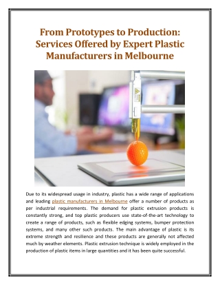 From Prototypes to Production Services Offered by Expert Plastic Manufacturers in Melbourne