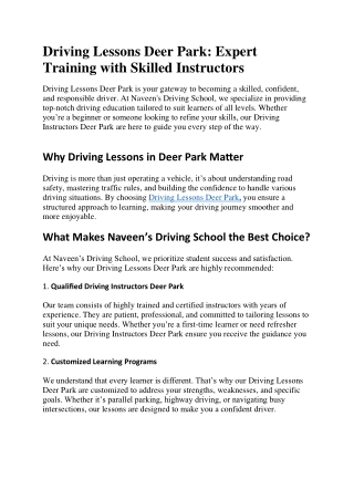 Driving Lessons Deer Park: Expert Training with Skilled Instructors