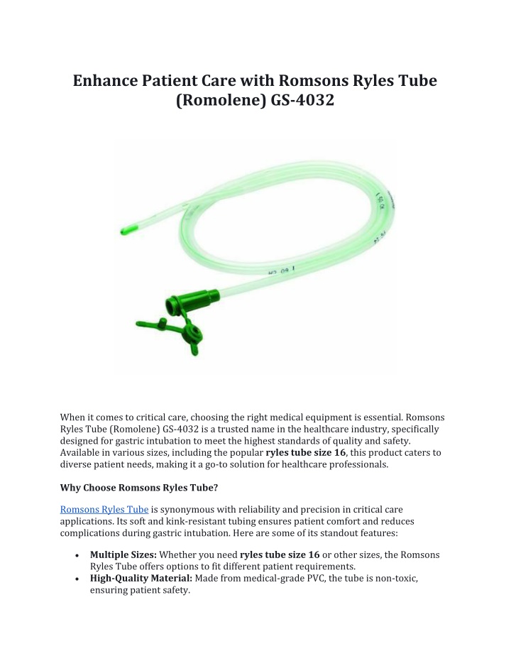 enhance patient care with romsons ryles tube