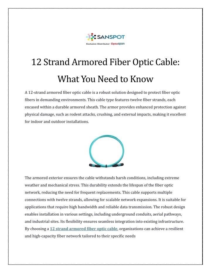 12 strand armored fiber optic cable