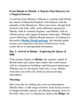 Shimla Manali Tour: Your Gateway to Scenic  Mountain Bliss