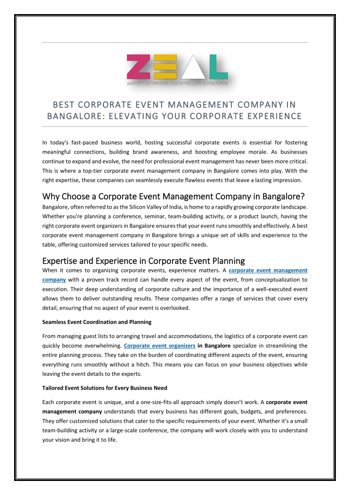 best corporate event management company in best