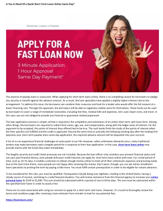 Is You In Need Of a Quick Short Term Loans Online Same Day
