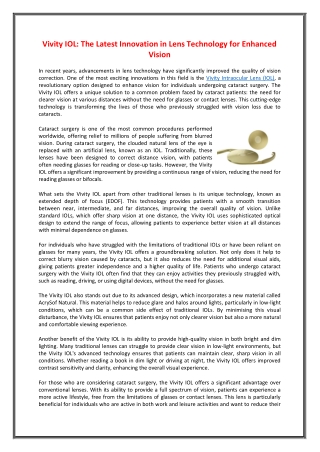 Vivity IOL  The Latest Innovation in Lens Technology for Enhanced Vision