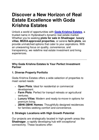 Discover a New Horizon of Real Estate Excellence with Goda Krishna Estates