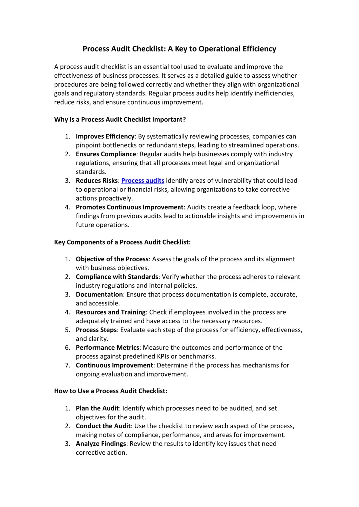 process audit checklist a key to operational