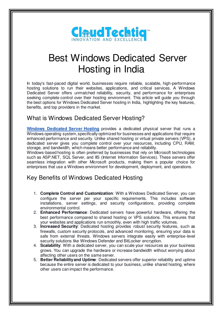 best windows dedicated server hosting in india