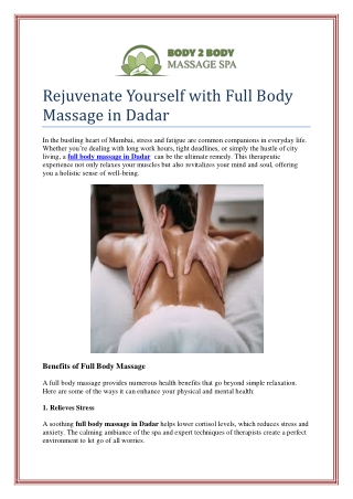 Rejuvenate Yourself with Full Body Massage in Dadar