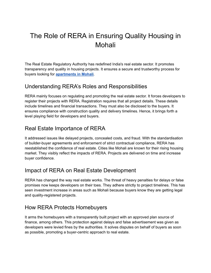 the role of rera in ensuring quality housing