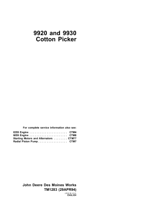 JOHN DEERE 9920 AND 9930 COTTON PICKER Service Repair Manual Instant Download