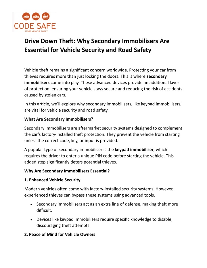 drive down theft why secondary immobilisers