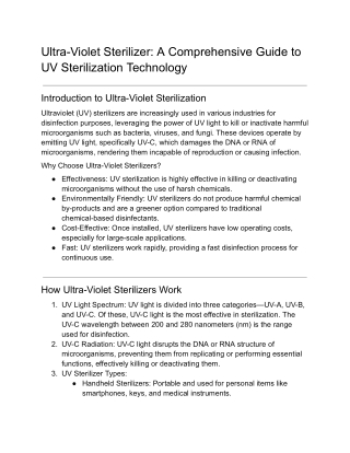 Comprehensive Guide to Ultra-Violet Sterilizers: Technology, Applications