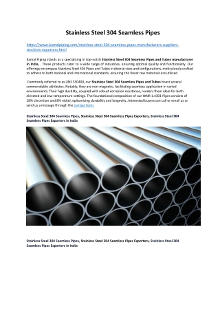 Stainless Steel 304 Seamless Pipes Exporters in India