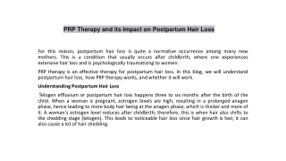 PRP Therapy and its Impact on Postpartum Hair Loss