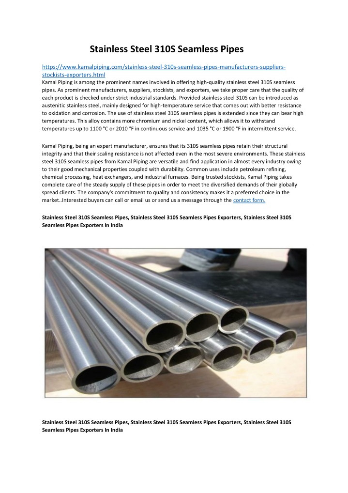 stainless steel 310s seamless pipes https