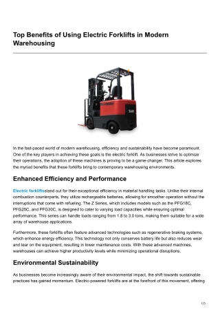 Top Benefits of Using Electric Forklifts in Modern Warehousing