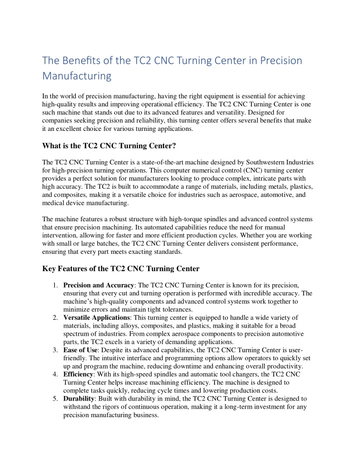 the benefits of the tc2 cnc turning center