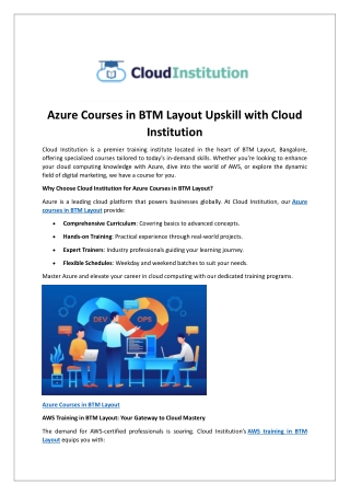 Azure Courses in BTM Layout Upskill with Cloud Institution