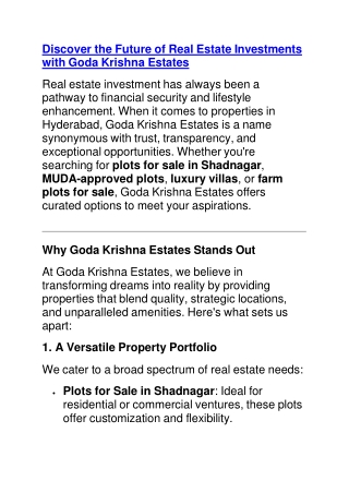 Unlock Your Dream Investment with Goda Krishna Estates: Hyderabad's Premier Real