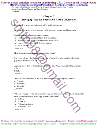 Test Bank for Population Health Informatics by Ashish Joshi and Lorna Thorpe
