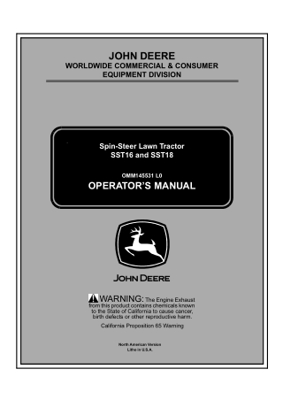 John Deere SST16 and SST18 Spin-Steer Lawn Tractors Operator’s Manual Instant Download (PIN010001- ) (Publication No.OMM