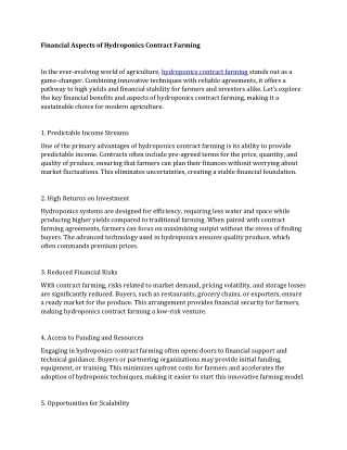 Financial Aspects of Hydroponics Contract Farming